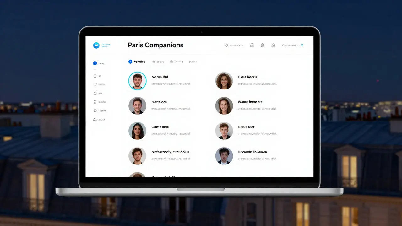 A secure digital platform interface showing verified escort profiles with no photos, only names and reviews.