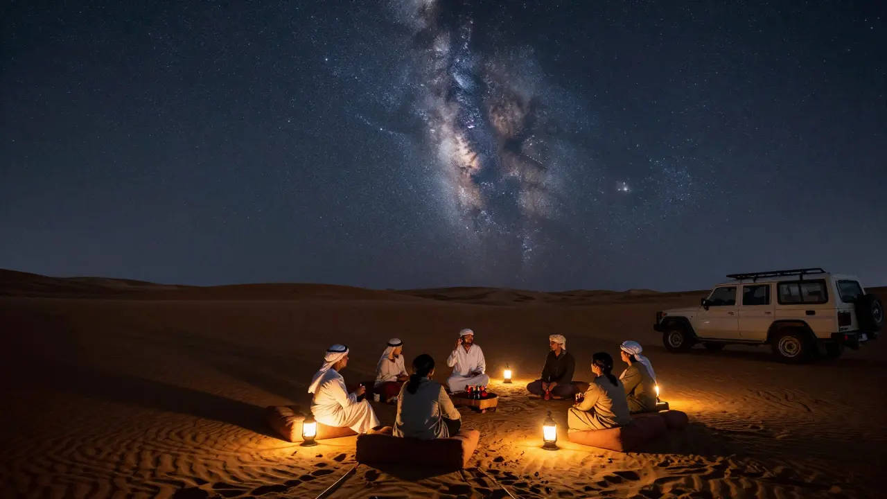 A serene desert camp under a starry sky, with lanterns and tea beside Bedouin cushions, evoking quiet wonder and solitude.