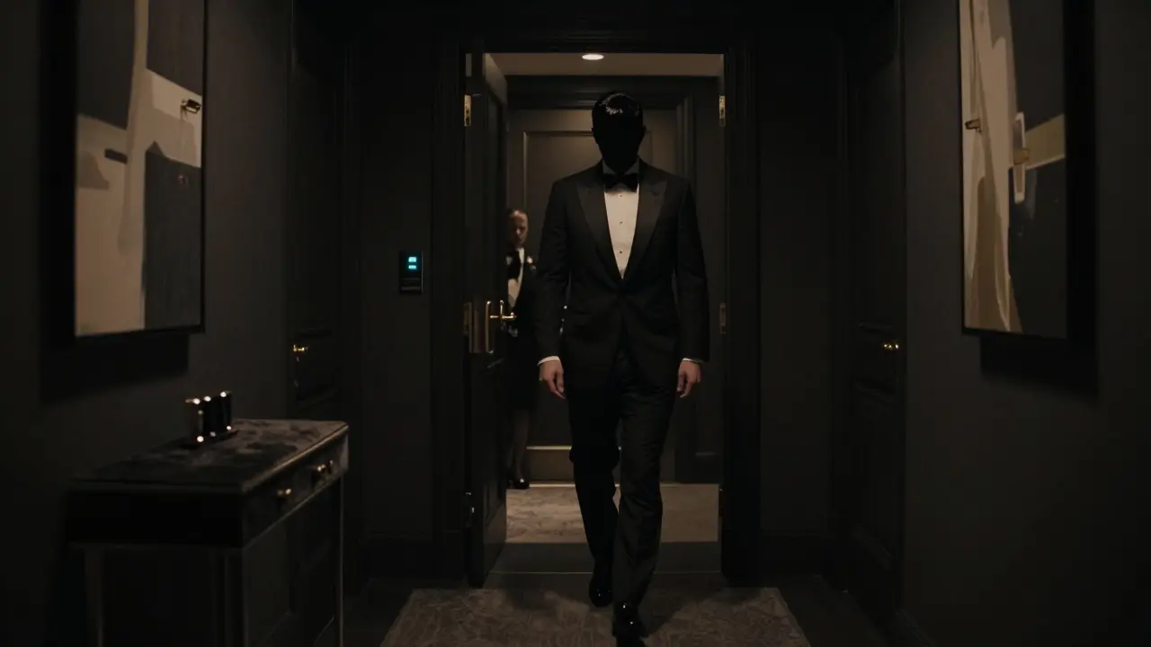 A shadowy figure walks through a luxury hotel corridor at night, symbolizing discretion and anonymity.