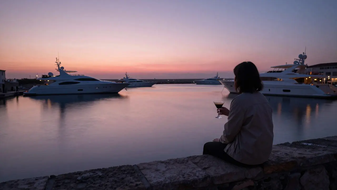 A solitary person at Port Hercules at sunrise, watching yachts light up as dawn breaks over the water.
