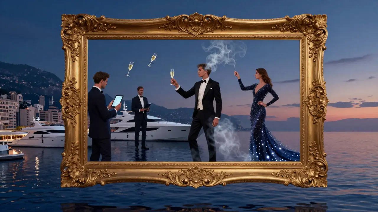 A surreal golden frame floating above Port Hercules at dawn, containing frozen moments of Monaco’s exclusive nightlife.