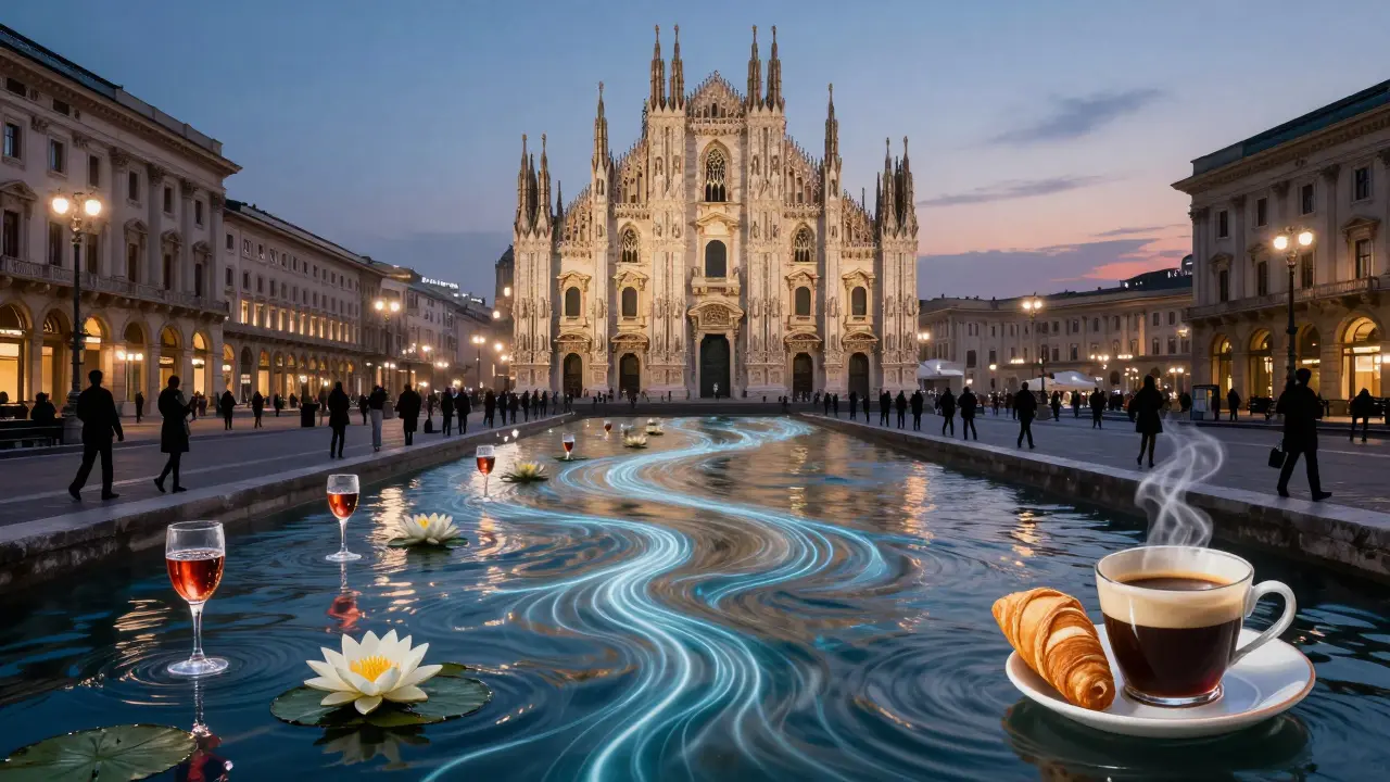 A surreal river of nightlife moments in Milan, from aperitivo to dawn, with the Duomo in the distance.
