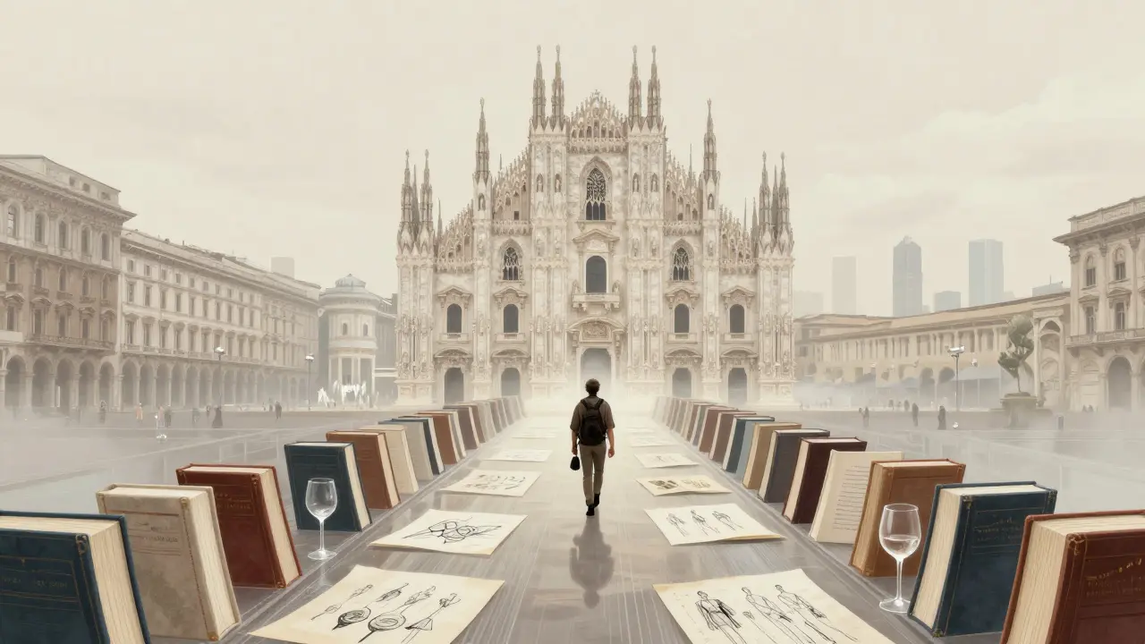 A symbolic bridge of books, fashion, and wine connects a traveler to Milan's hidden cultural landmarks.