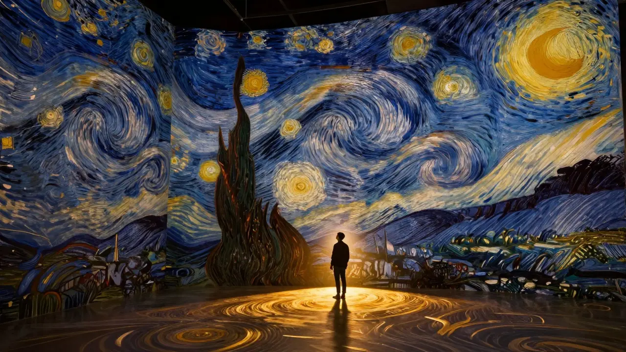 A vast digital art space where Van Gogh's paintings swirl across walls and floor in golden light.