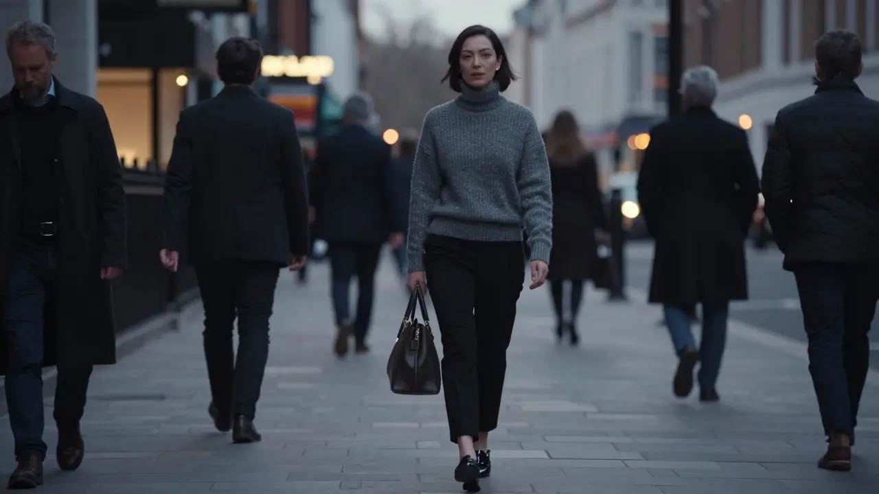 A well-dressed individual walking unnoticed down Bond Street at dusk, blending into the city crowd, exuding quiet dignity.