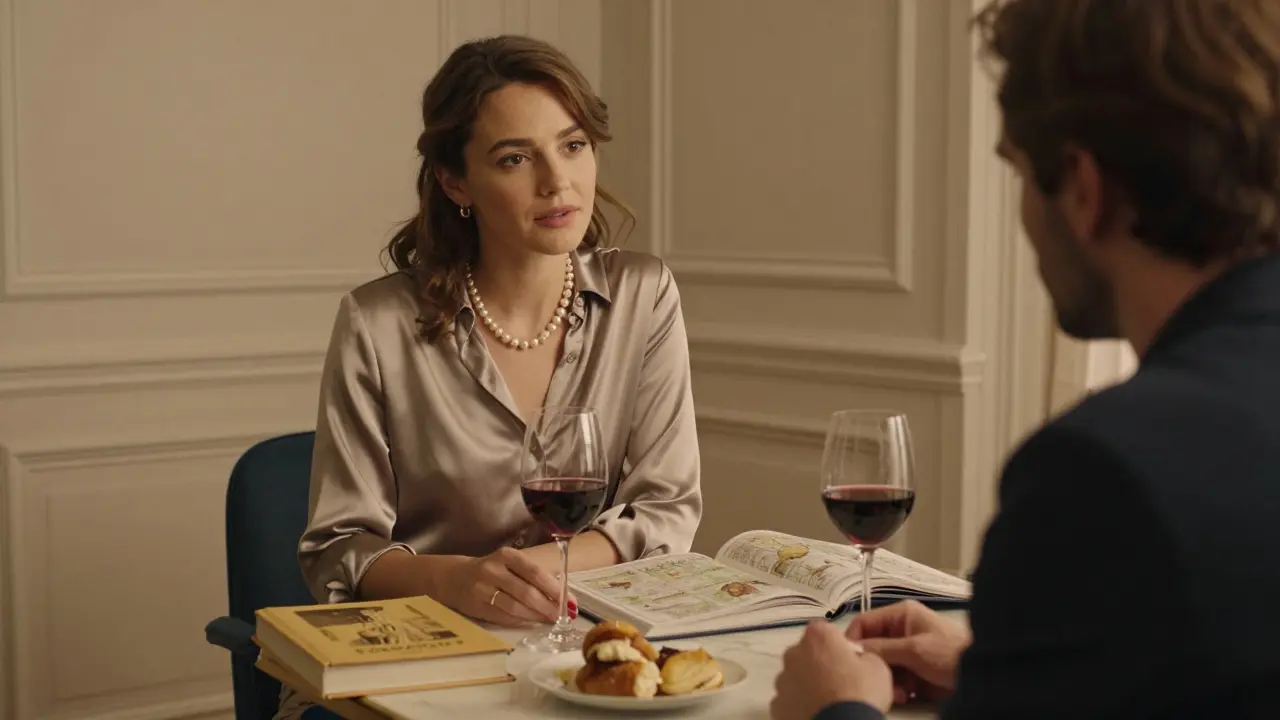 A woman and man share a quiet dinner in a Paris apartment, engaged in thoughtful conversation.