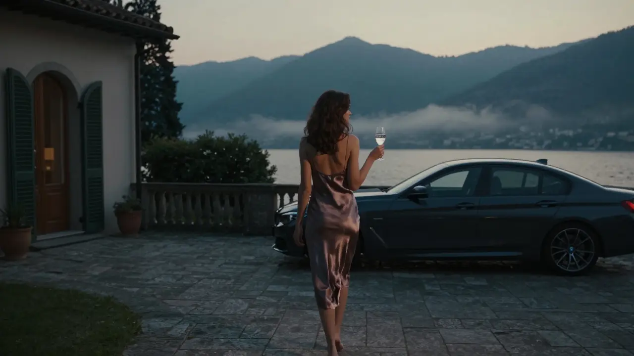 A woman walks barefoot on a stone terrace at a secluded Lake Como villa at dusk, an unmarked BMW parked discreetly behind her.