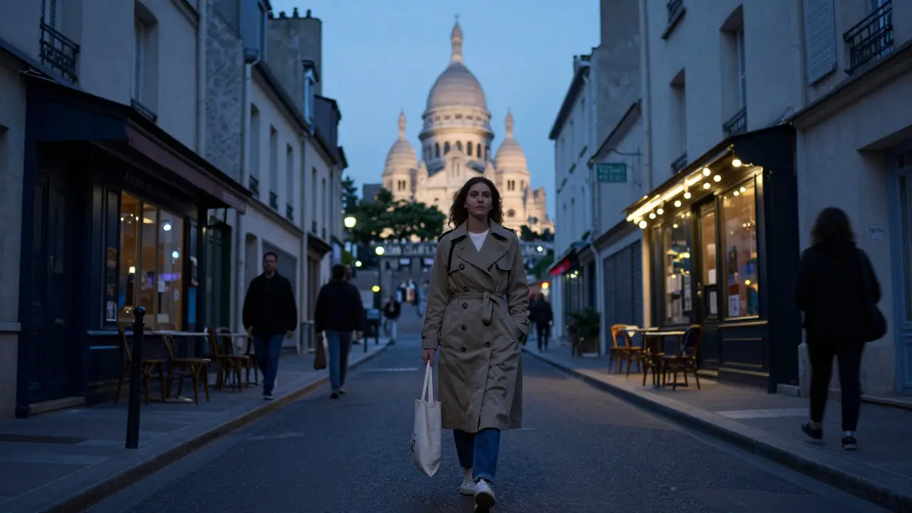 A woman walks peacefully through Montmartre at twilight, blending into the quiet, artistic streets of Paris.
