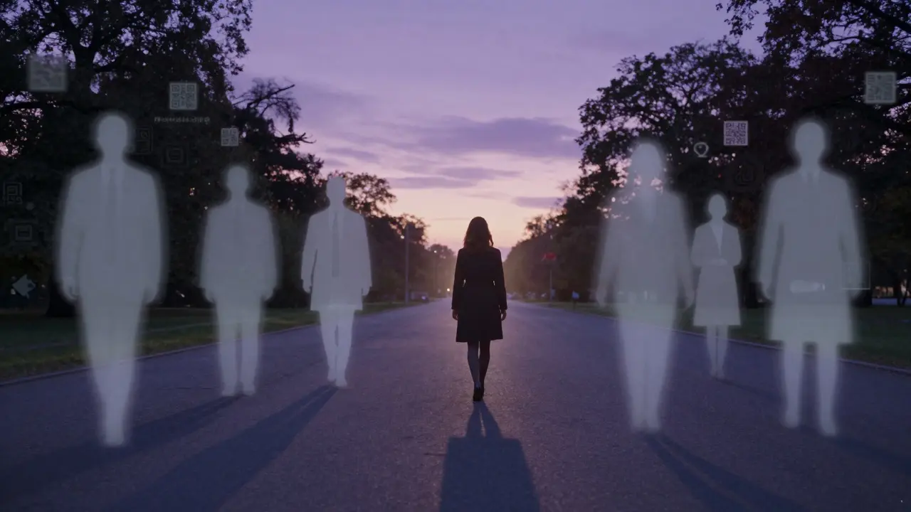 A woman walks through Tiergarten at dusk, surrounded by faint silhouettes of clients, symbolizing hidden connections.