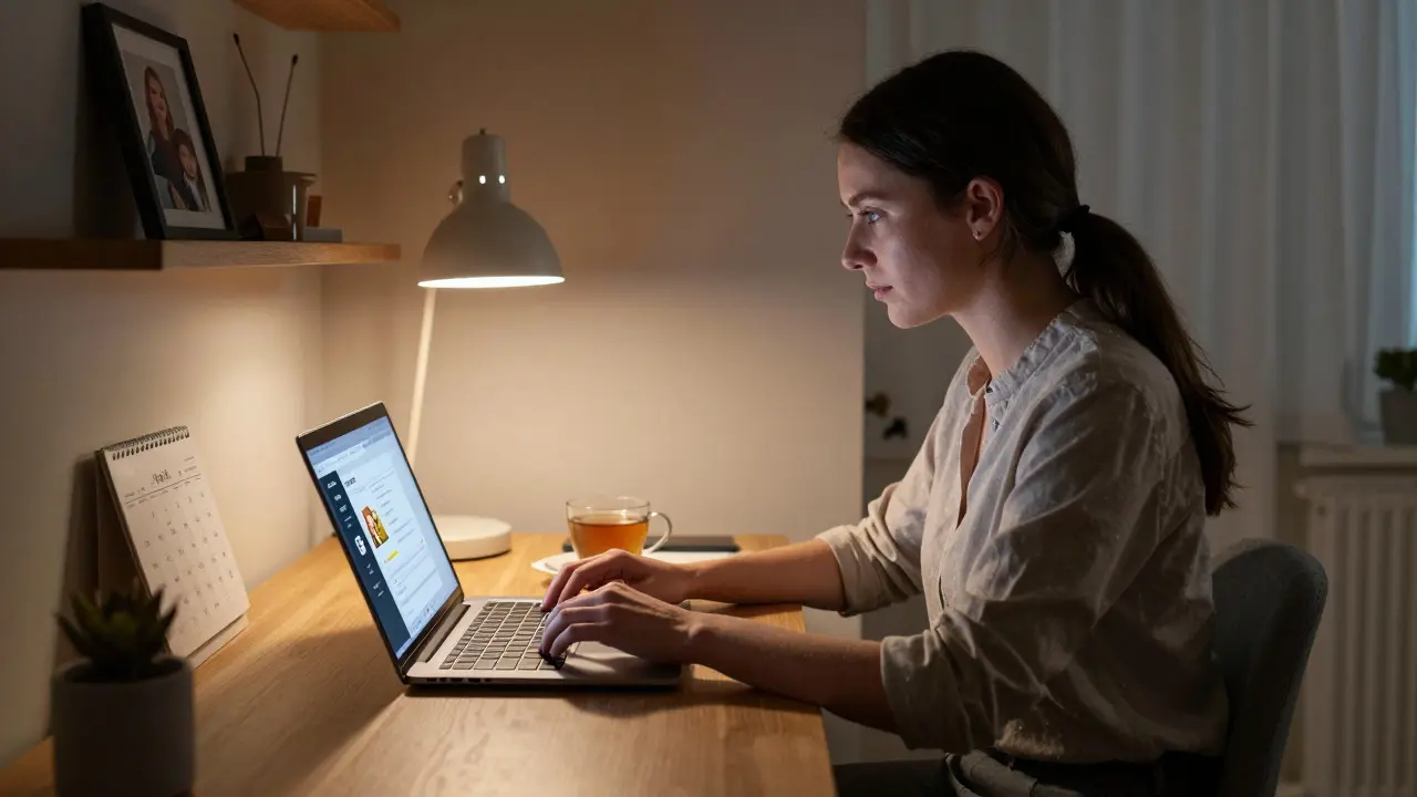 A young woman works on her laptop in a cozy Berlin apartment, with a photo of her child visible nearby.