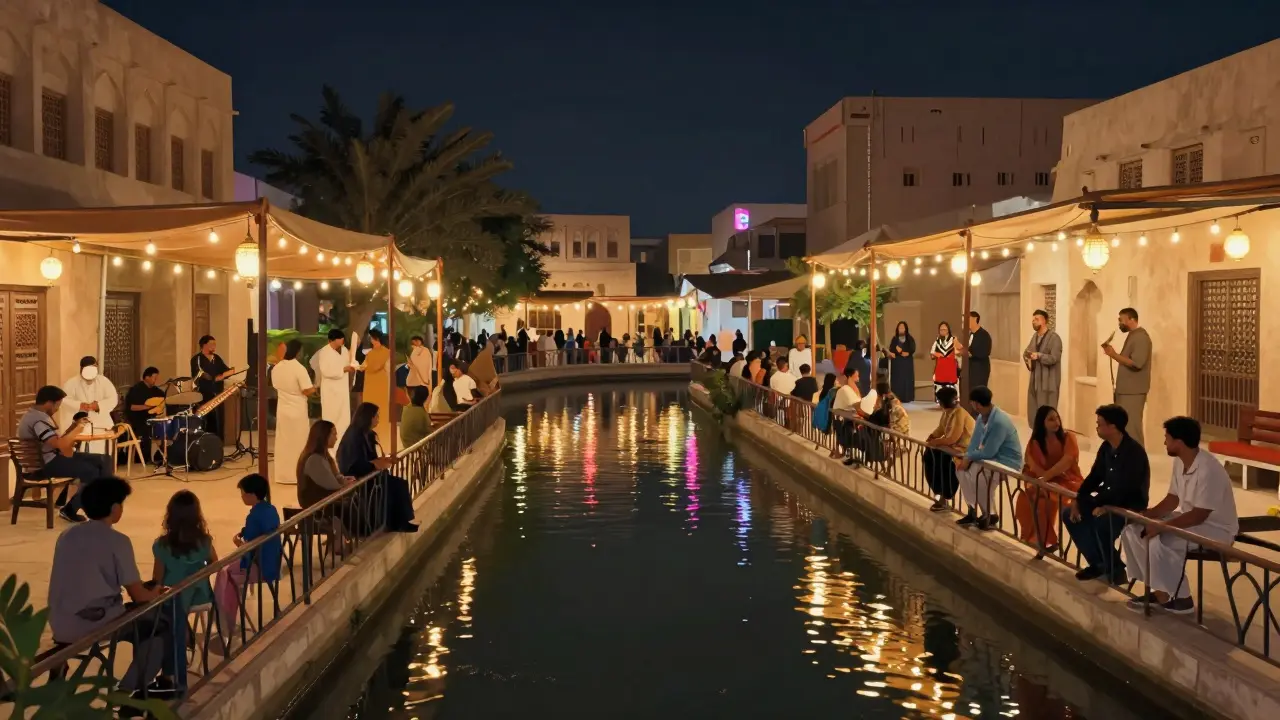 Al Qasba canal lit with lanterns on Friday night, people listening to live music in open-air venues.
