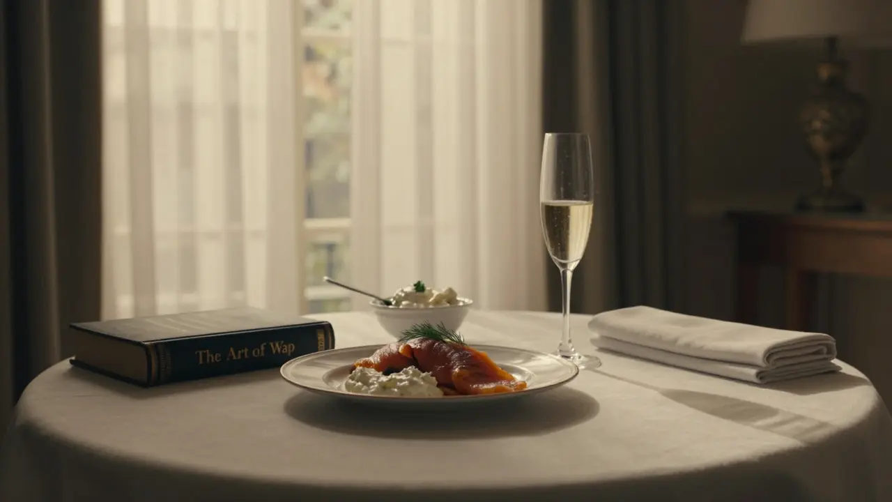 An elegant dining table at Claridge’s with a book, food, and champagne, no people present, soft daylight streaming through windows.