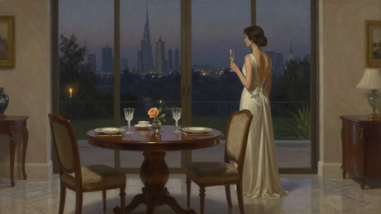 An elegant dinner setting in a private villa, no faces visible, candlelight reflecting on fine china.