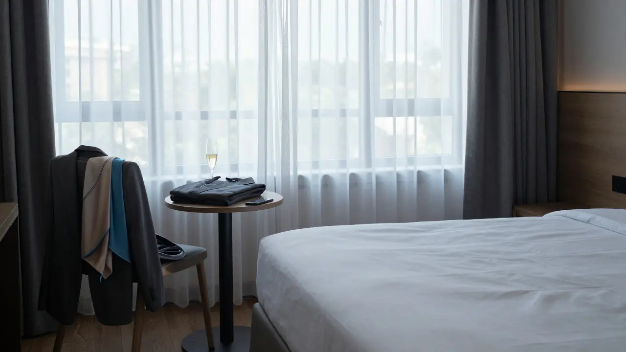 An empty hotel suite at dawn, a suit and champagne glass left neatly, conveying a silent, respectful conclusion.