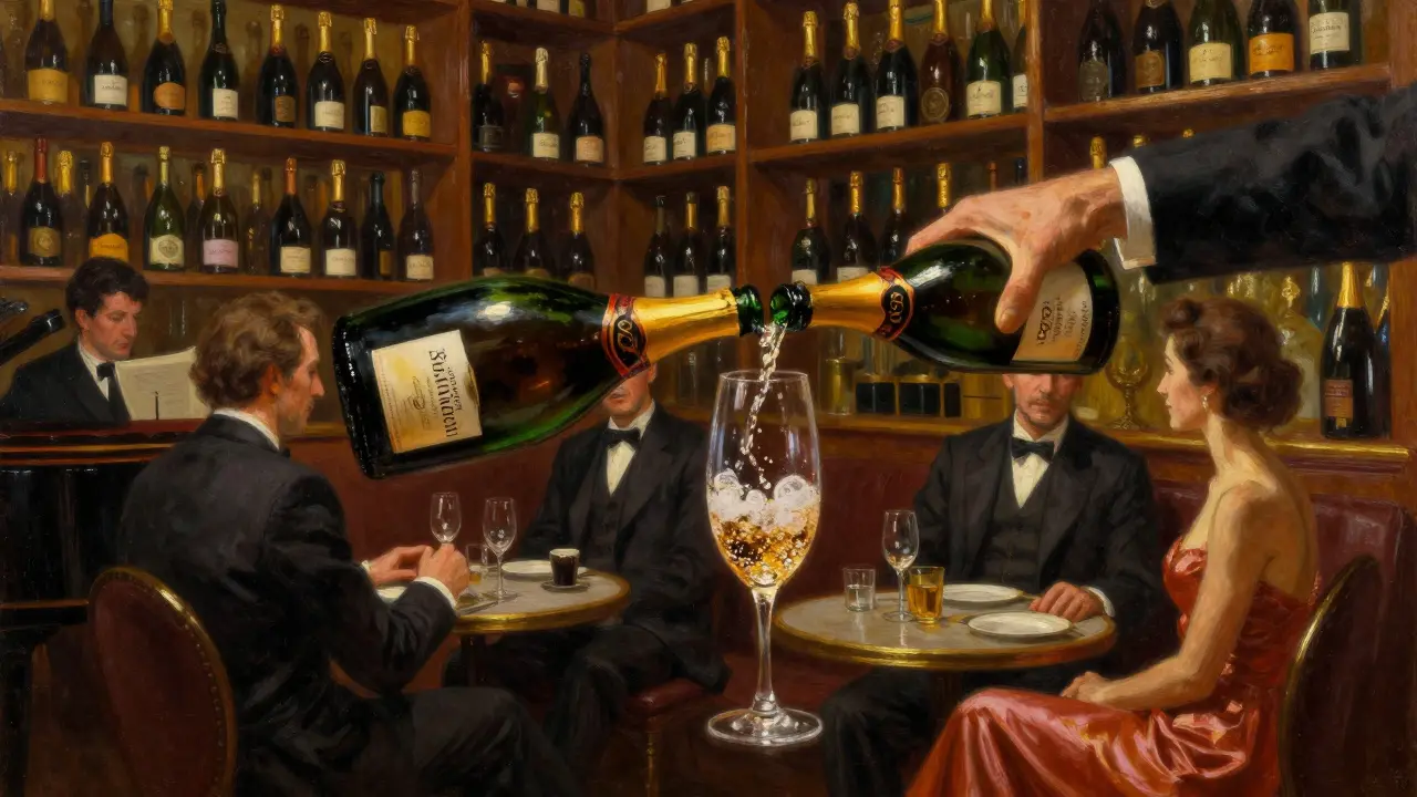 An intimate champagne bar with shelves of vintage bottles, a liter pour being served in elegant silence.