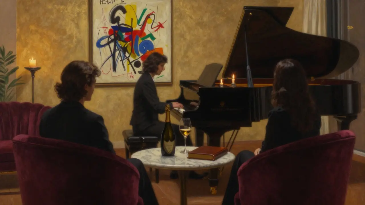 An intimate villa lounge with a Basquiat painting and piano, candlelight, and quiet companionship.