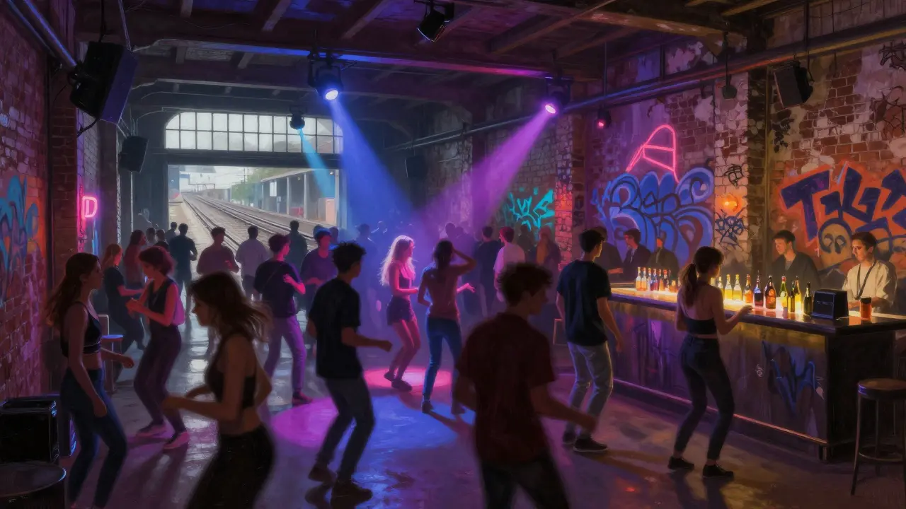 An underground club in Porta Ticinese with a vibrant dance floor, neon lights, and a diverse crowd moving to electronic music.