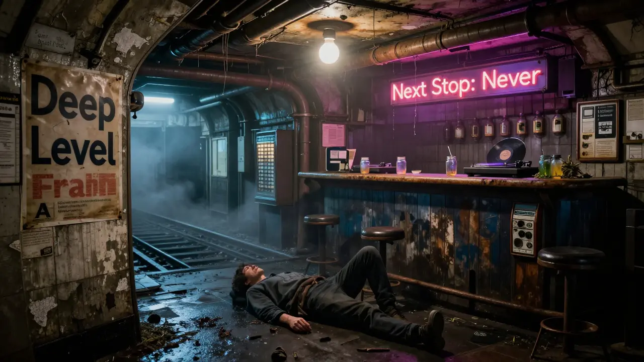 An underground tube station club with flickering neon, dripping pipes, and a lone figure lying on the floor.