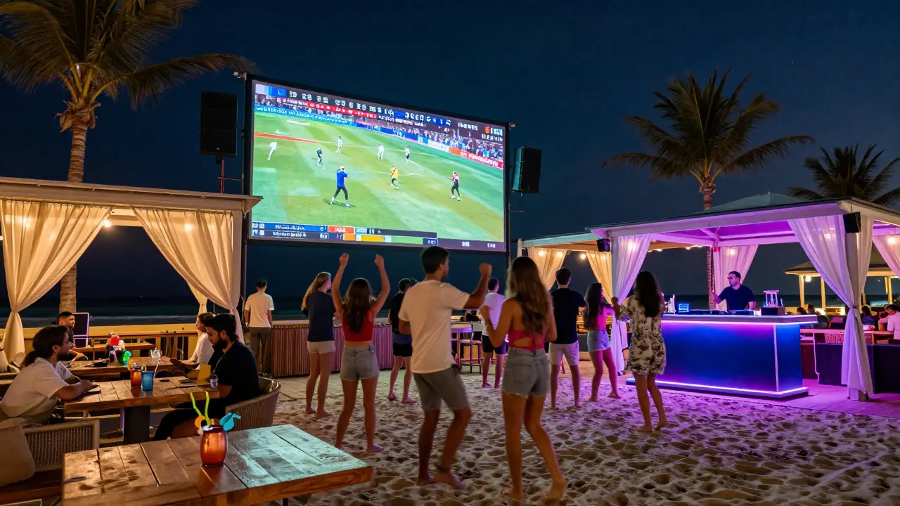 Beachfront sports bar at Atlantis with large screen, young crowd, and ocean breeze at night.