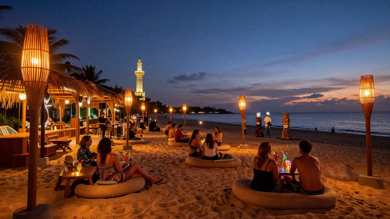 Beachside tiki lounge with lanterns, reggae music, and starry sky, guests relaxing on sand under warm lighting.