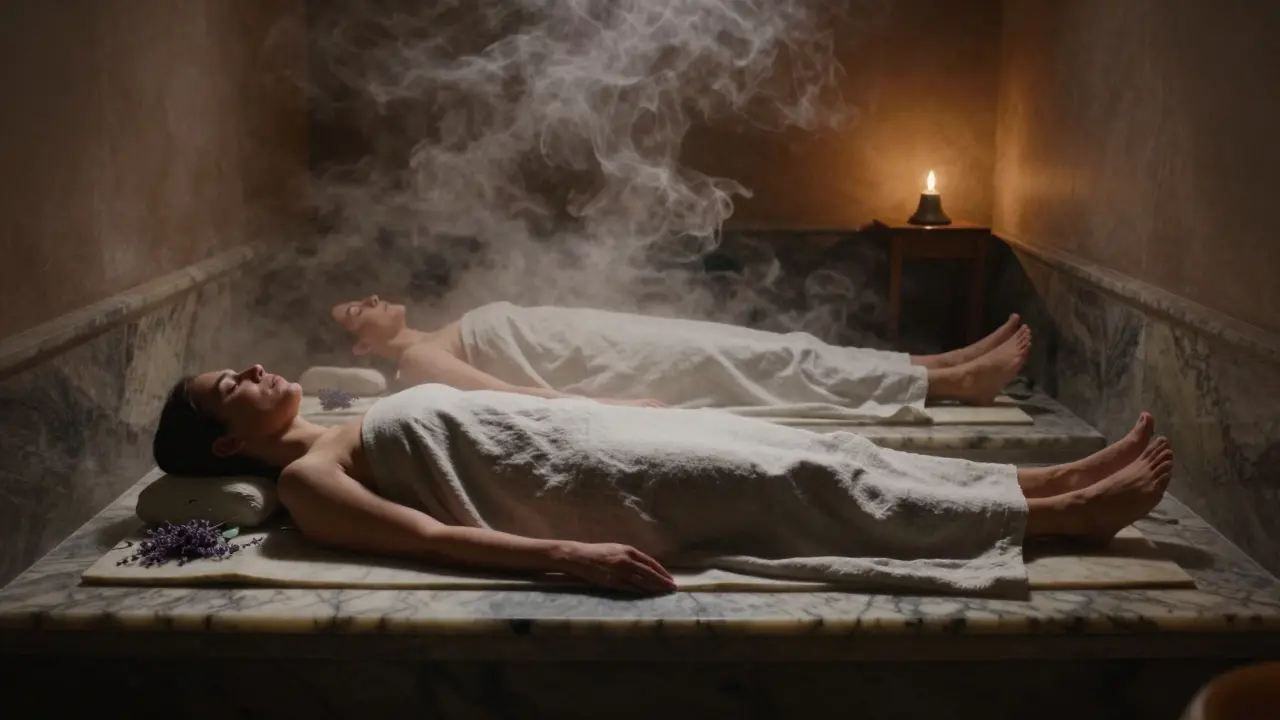 Couple lies side by side on heated stone slabs in a lavender-scented steam chamber, cloaked in linen.