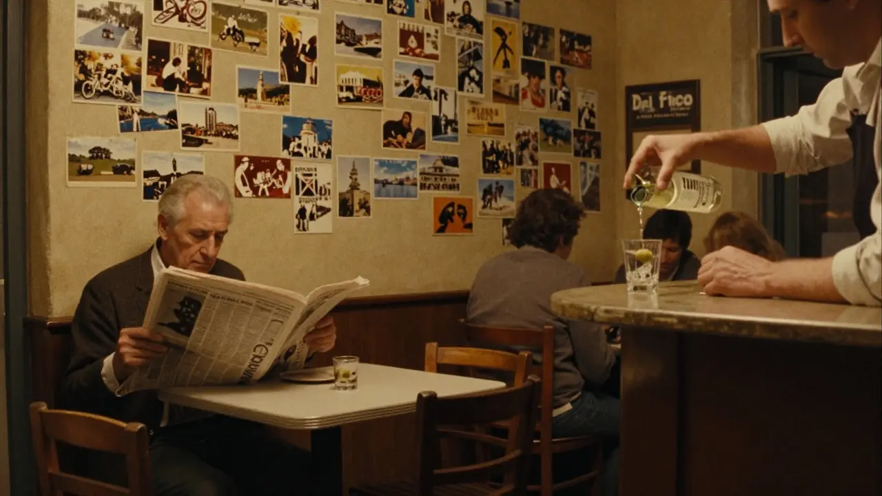 Cozy bar interior with postcard-covered walls, bartender pouring vermouth, warm lighting, quiet evening atmosphere.