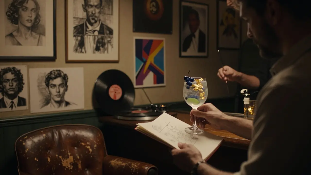 Cozy speakeasy with eclectic artwork on walls and a bartender mixing an art-inspired cocktail.