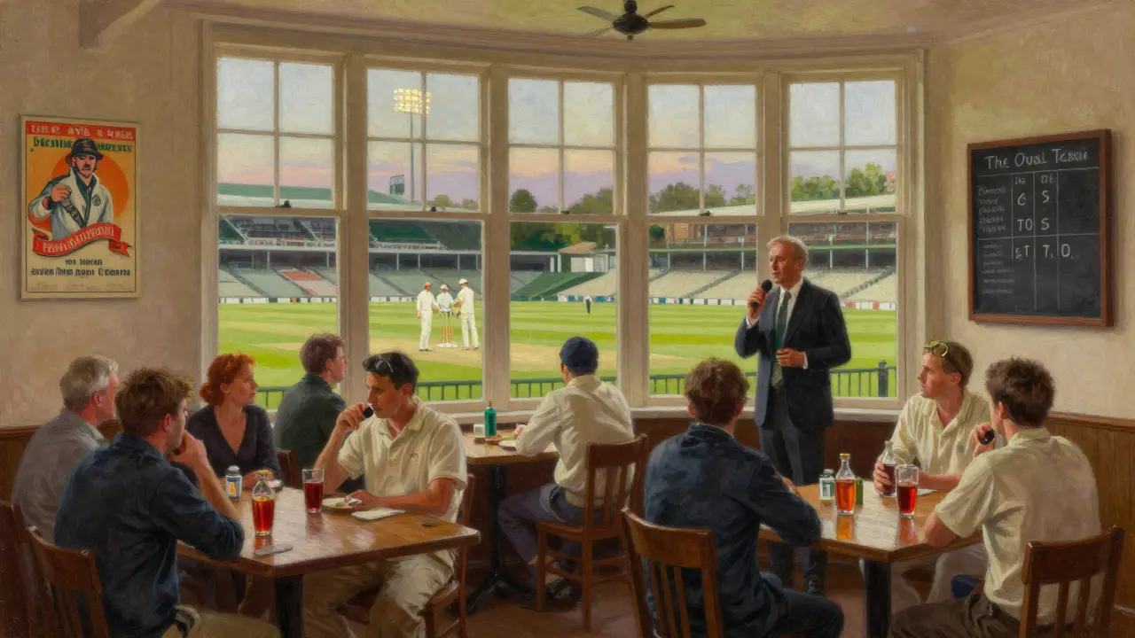 Cricket fans at The Oval Tavern sipping drinks as a commentator announces the match, vintage posters on the walls.