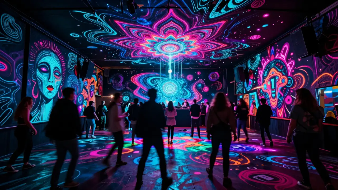Crowd at an art rave surrounded by glowing augmented reality murals and fractal visuals.