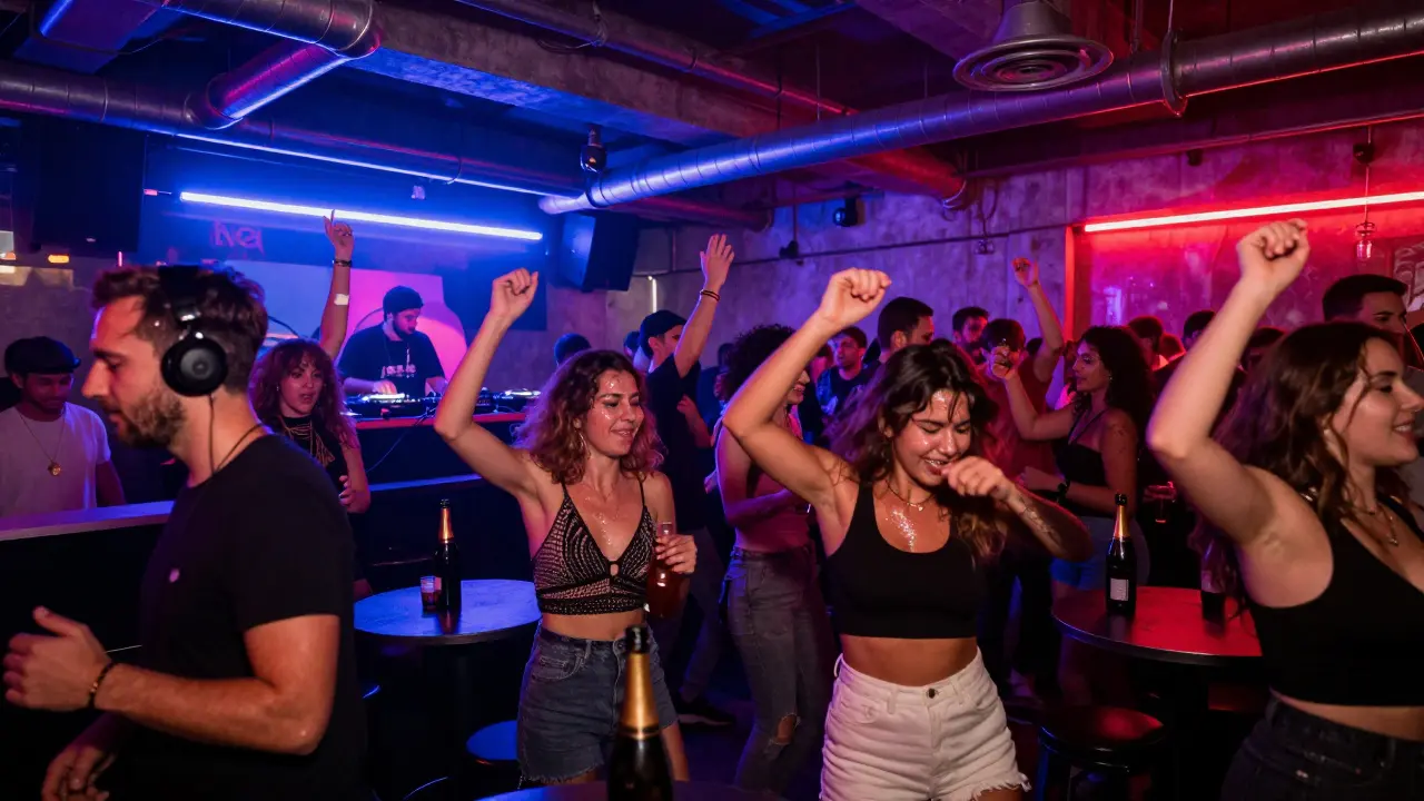 Crowd dancing energetically in an industrial concrete nightclub in Paris.