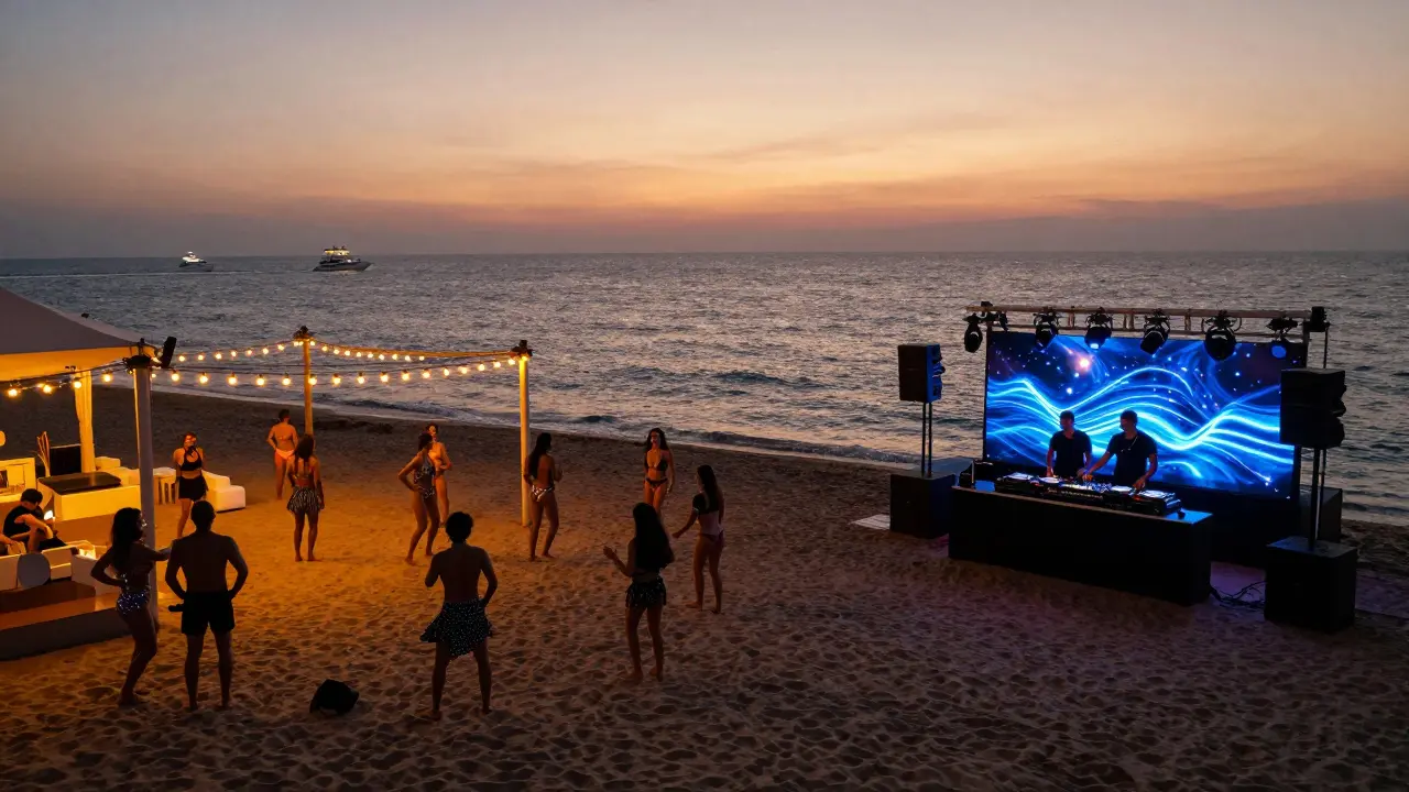 Dancers on a beach at dawn, neon lights and ocean waves under a rising sun at Blue Bay club.
