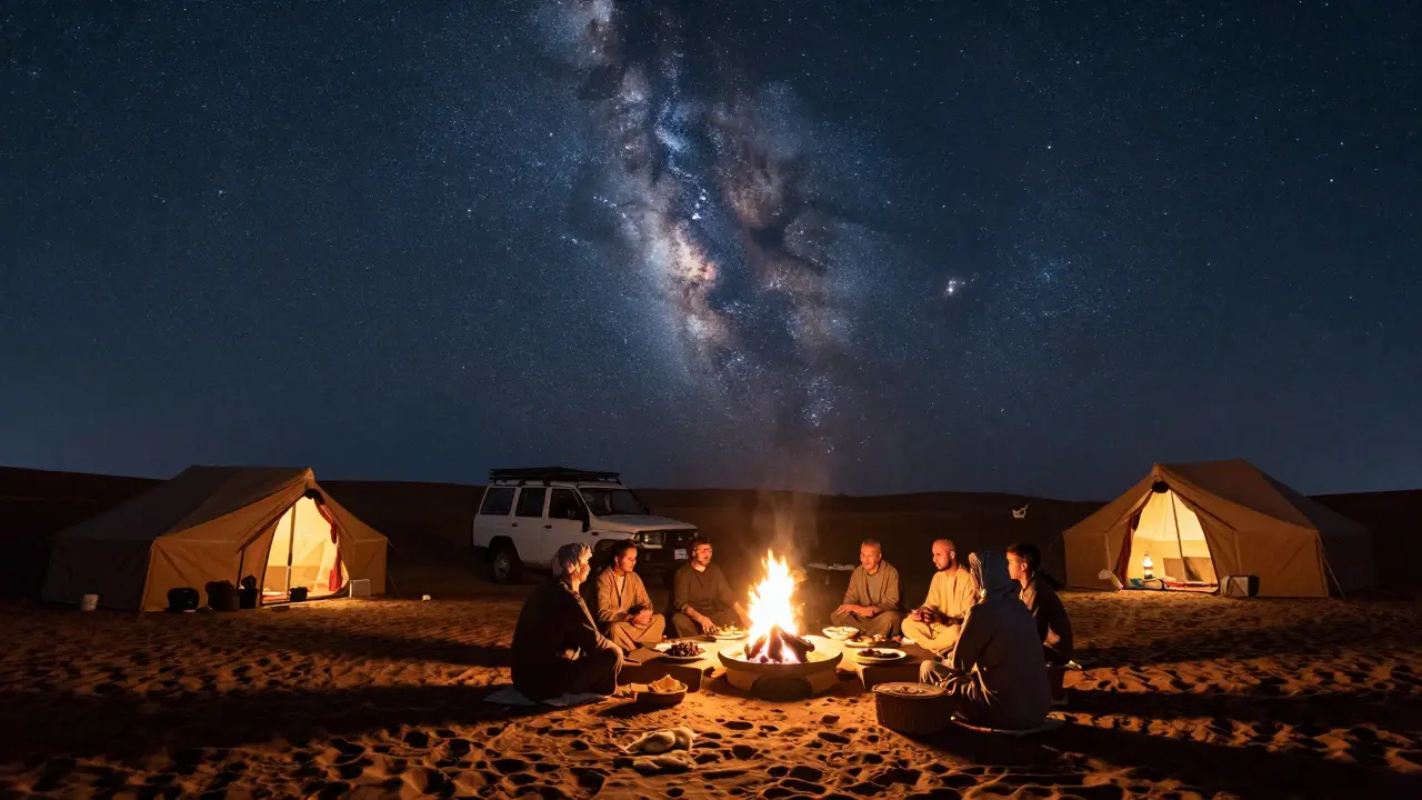 Desert campfire under a star-filled sky, guests seated quietly around traditional food in Bedouin tents.