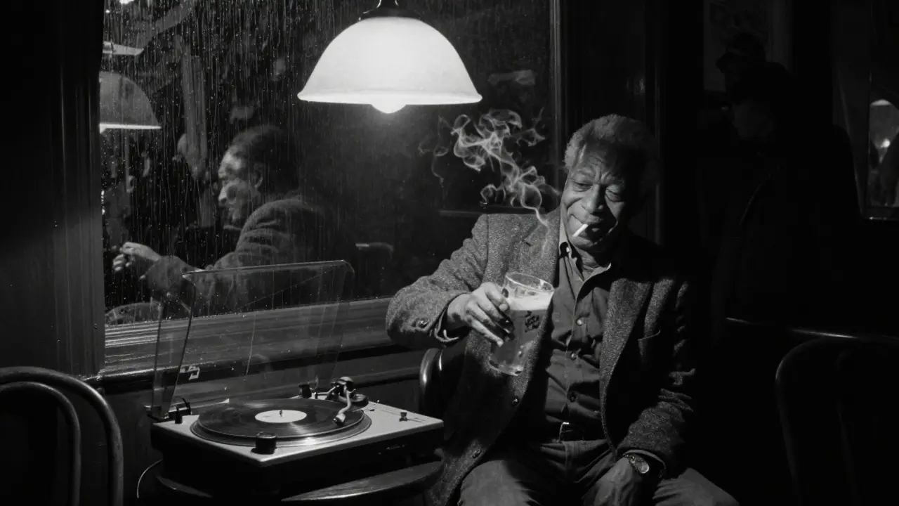 Dimly lit jazz club interior with an elderly bartender pouring beer, vinyl turntable playing softly in the background.