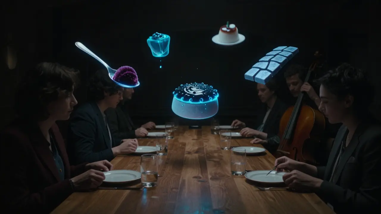 Diners in complete darkness eating mysterious, glowing dishes with only the sound of a cello nearby.