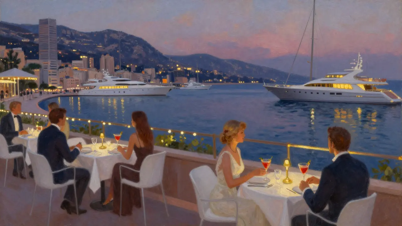 Elegant guests at Blue Bay harbor enjoying cocktails as yachts glow on the dark Mediterranean.