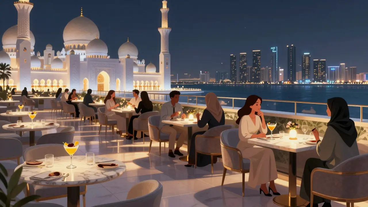 Elegant guests on a rooftop lounge overlooking Abu Dhabi's illuminated mosque and skyline, enjoying crafted cocktails in quiet sophistication.