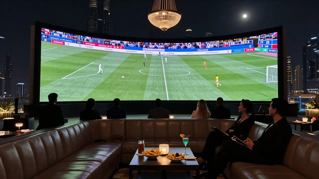 Elegant rooftop sports bar at The Ritz-Carlton with guests watching a game under city lights.