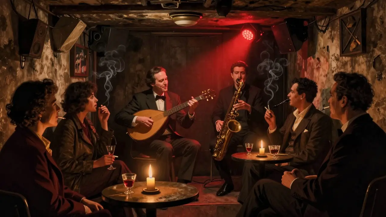Hidden basement jazz club in Beyoğlu with a musician playing a bağlama and saxophone under candlelight.