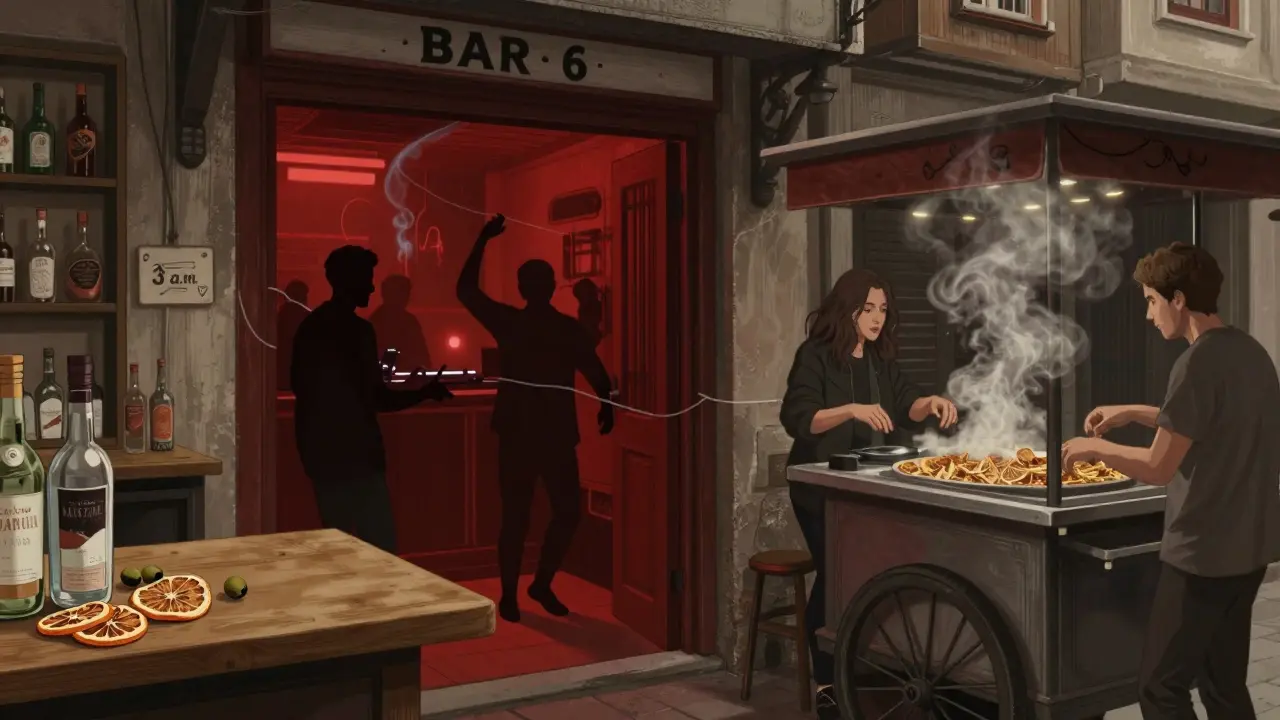Hidden Istanbul nightlife spots: a red-lit doorway, mezcal bar, and 3 a.m. simit cart in quiet harmony.