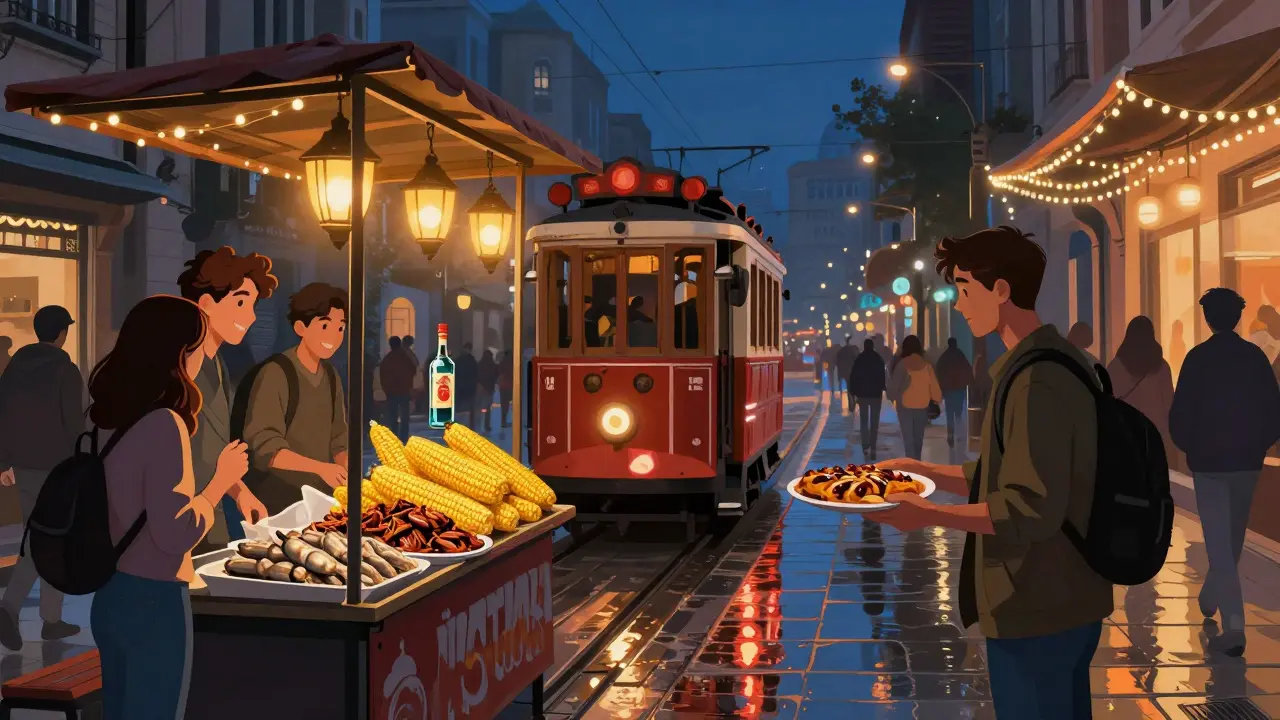Istanbul's İstiklal Street at night, with street vendors serving food to laughing locals under string lights and a passing tram.