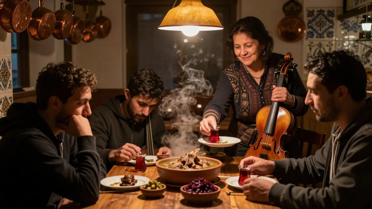 Musicians sharing a late-night meal at a hidden restaurant, tea and food passed around warmly.