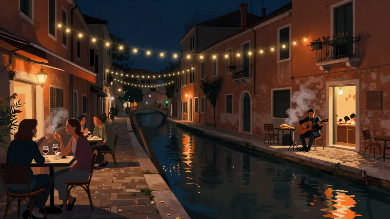 Nighttime scene of Navigli canals with string lights, outdoor tables, and live music under the stars.