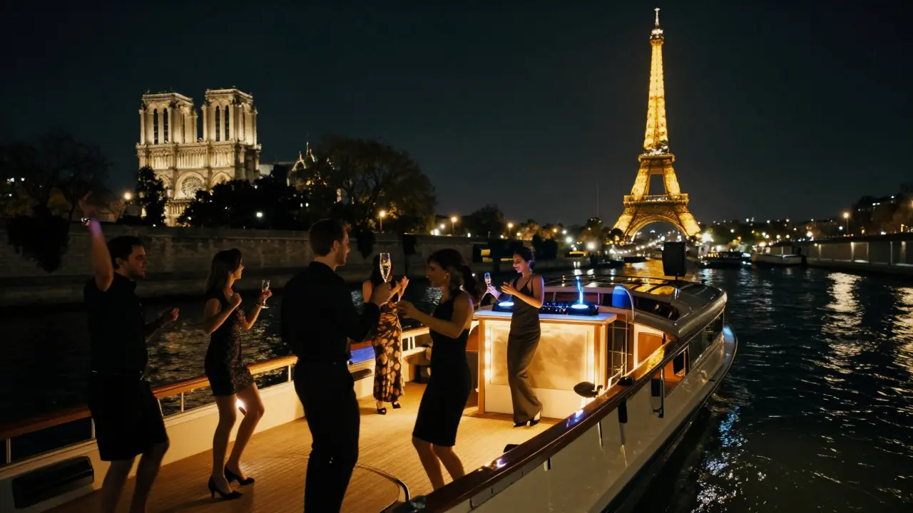 Private boat party on the Seine River with the Eiffel Tower illuminated in the background.