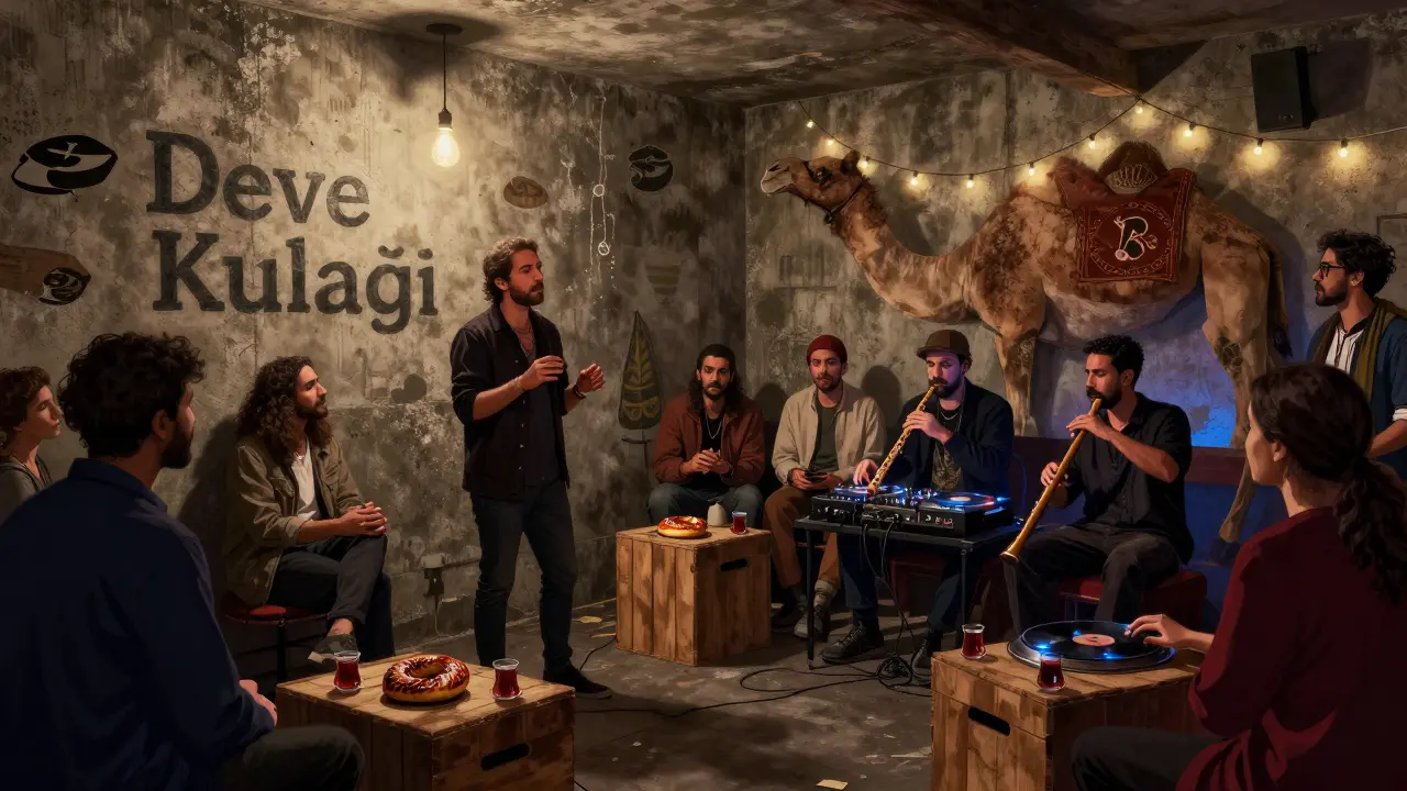 Raw underground nightclub in a converted stable, diverse crowd listening to poetry and live music.