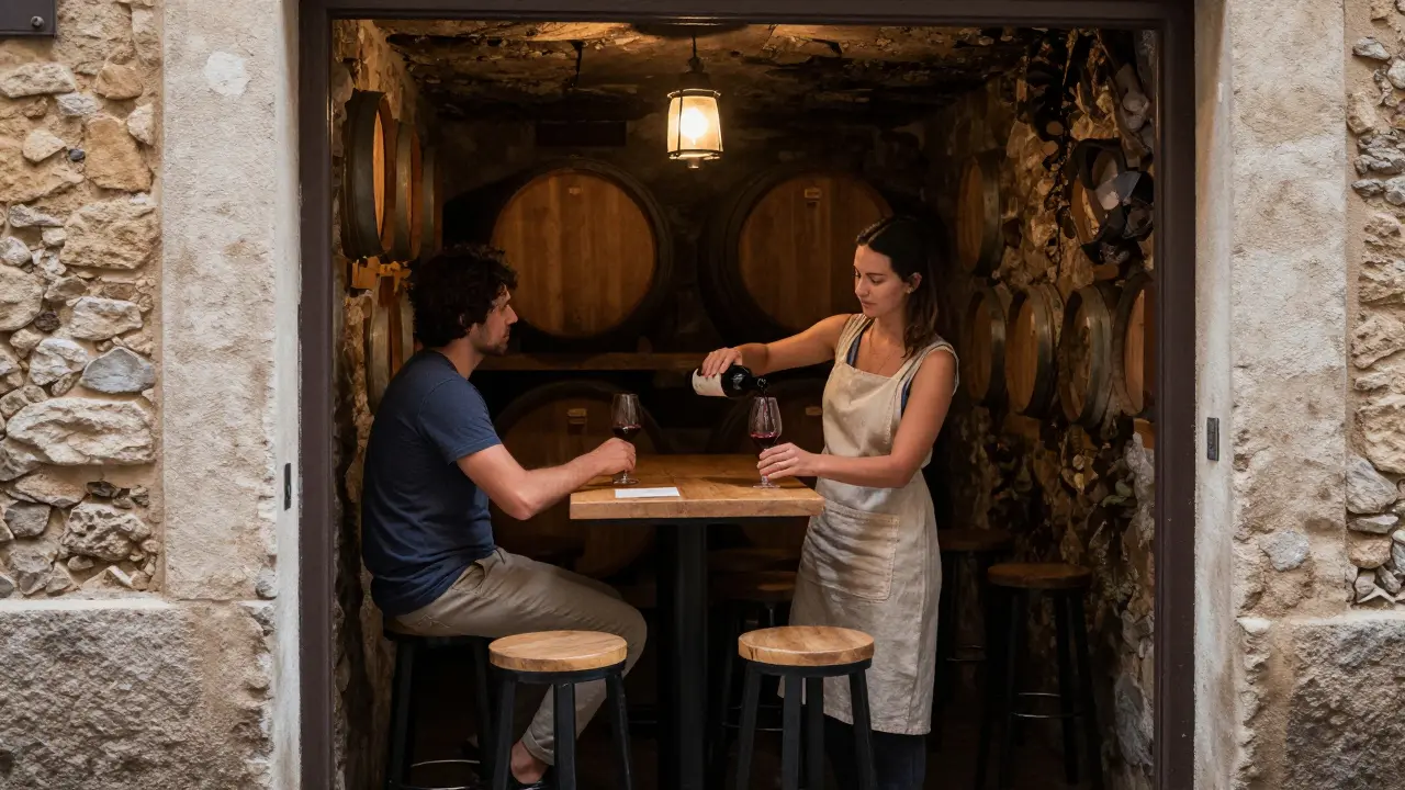 Secret wine cave with six barstools, owner pouring rare wine under dim lantern light.