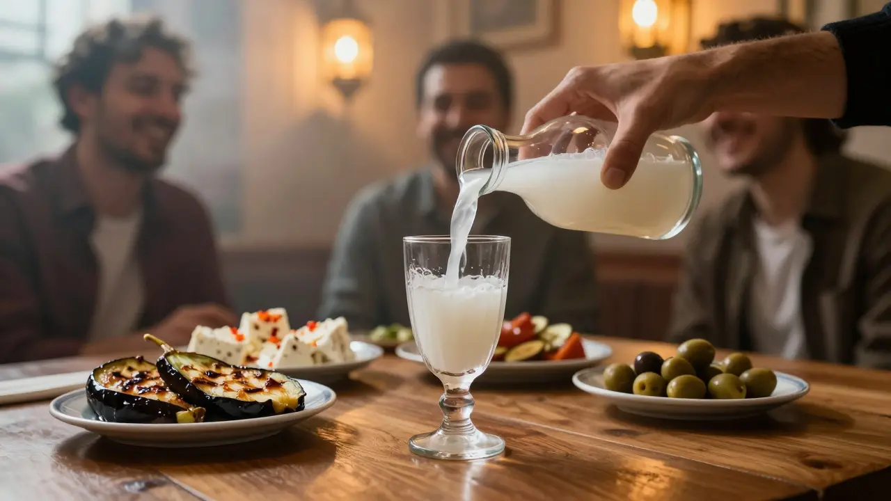 Shared glass of raki turning milky white with meze plates on a wooden table in a warm, smoky bar.