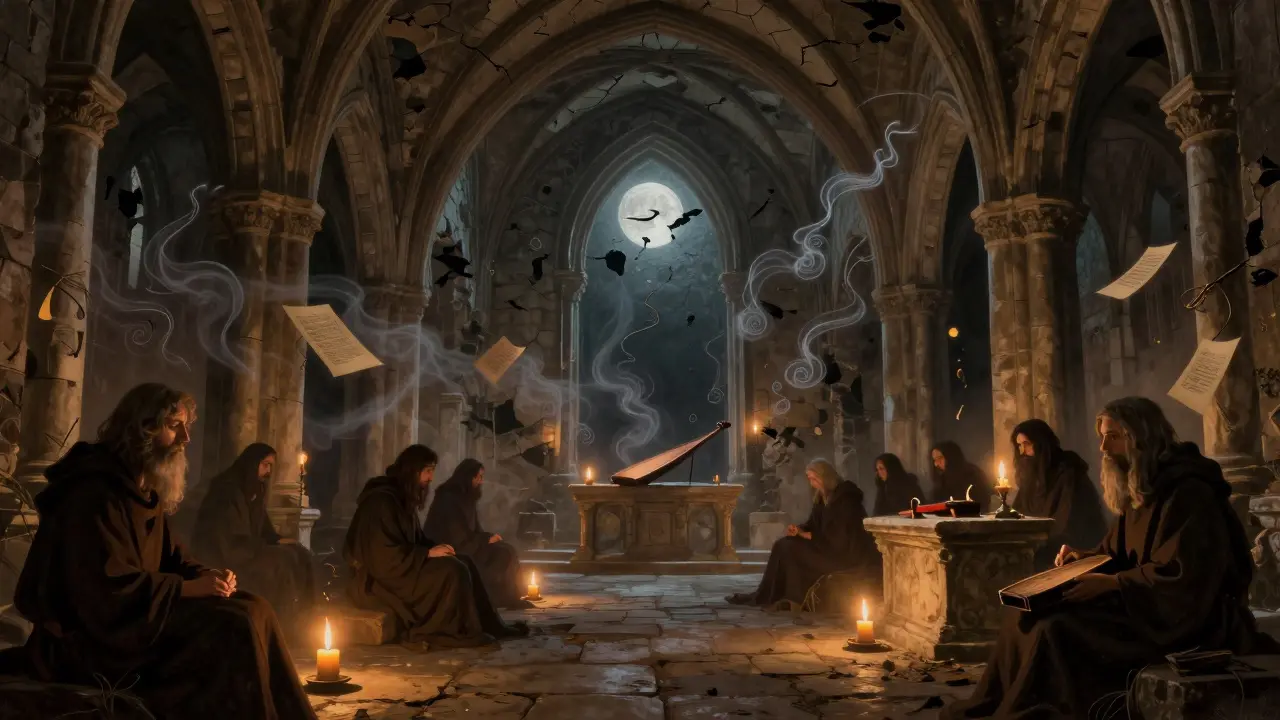 Silent figures in candlelight gather beneath ancient ruins for a secret gothic ritual under the stars.