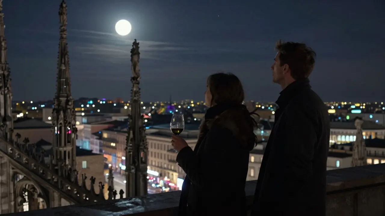 Silhouettes atop Milan's Duomo rooftop at midnight, overlooking the city's glowing skyline.