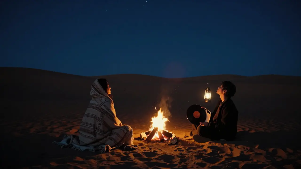 Silhouettes of two people in quiet companionship beside a desert fire under a starry night sky.