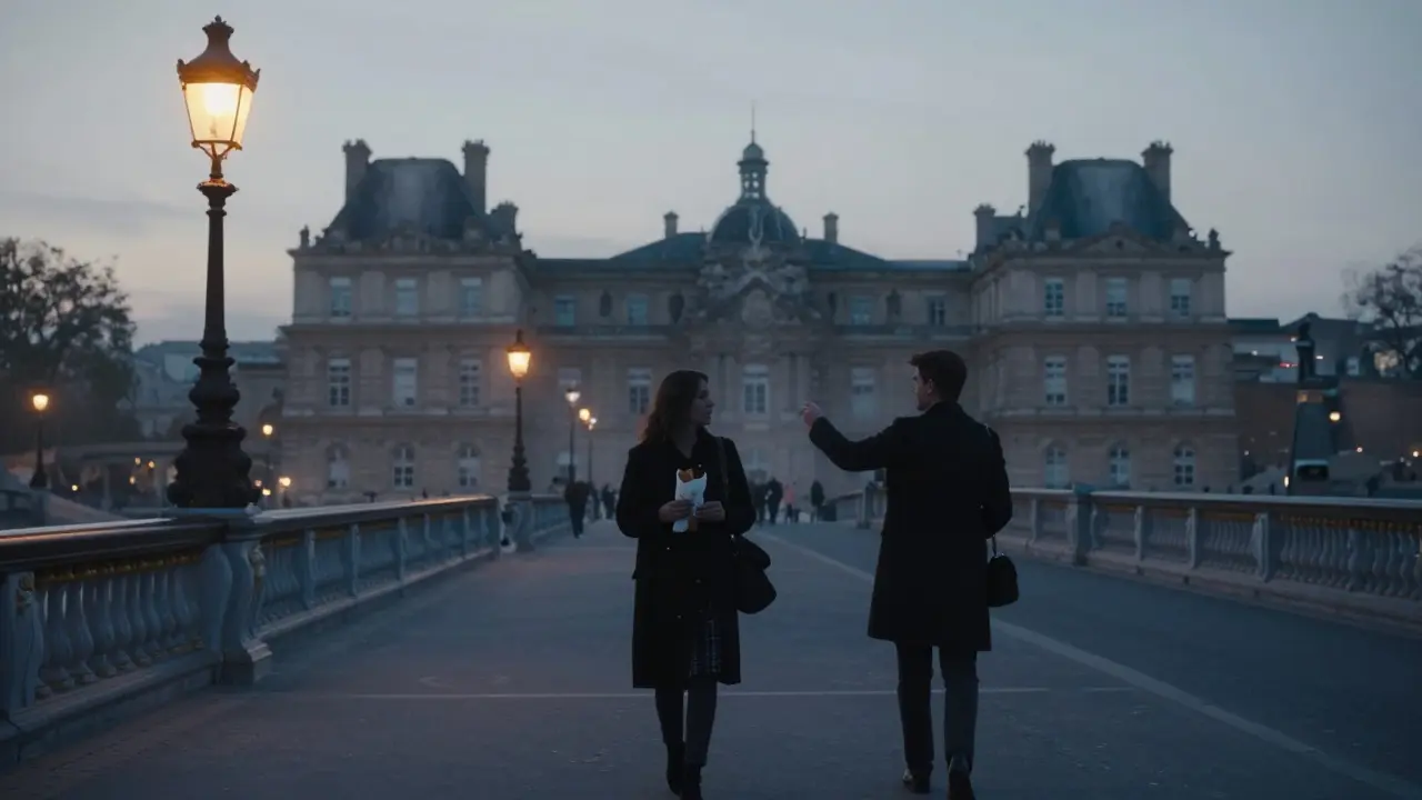 Silhouettes stroll along the Seine at dusk, under historic lampposts, near the Luxembourg Gardens.